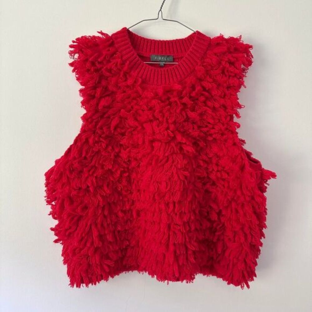 FIBFLX Bright Red Shaggy Fringe Knit Sleeveless Sweater Vest